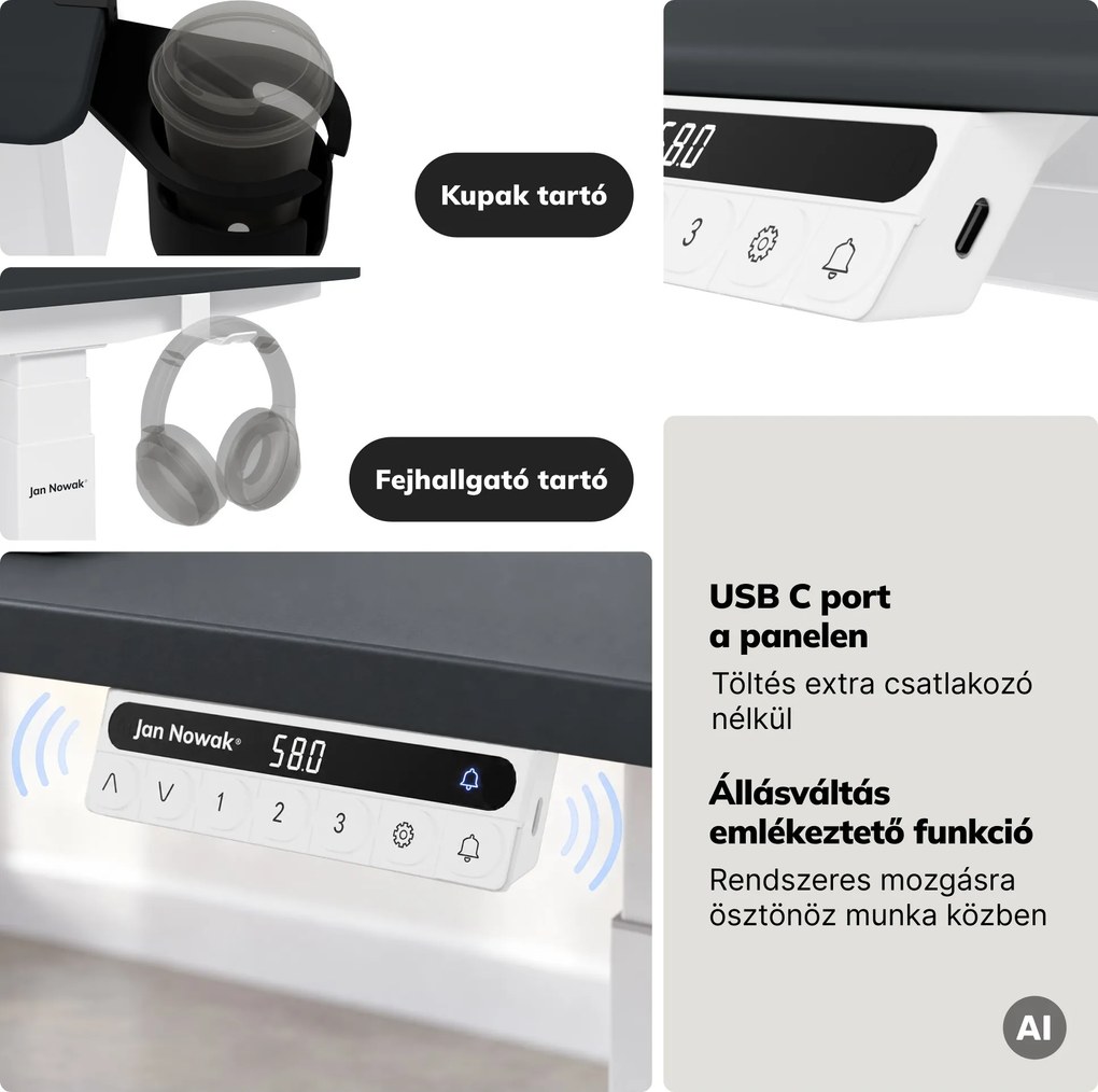 Elektromos, állítható magasságú, ergonomikus, fehér-antracit íróasztal,1200x600 mm: ARIA
