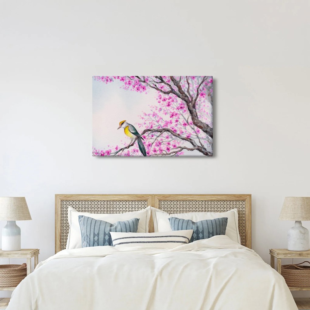 Kép - Madár egy fán rózsaszín virágokkal (90x60 cm)