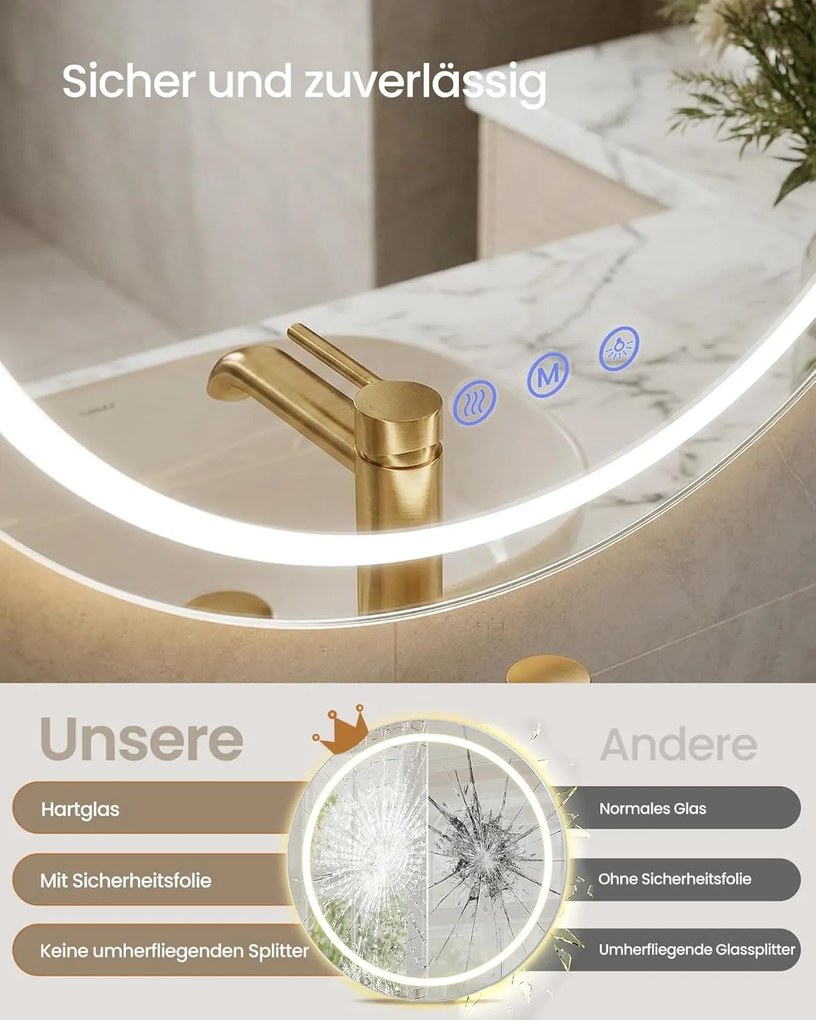 SONGMICS világító kerek fali tükör érintővezérléssel, 61 cm, felhőfehér