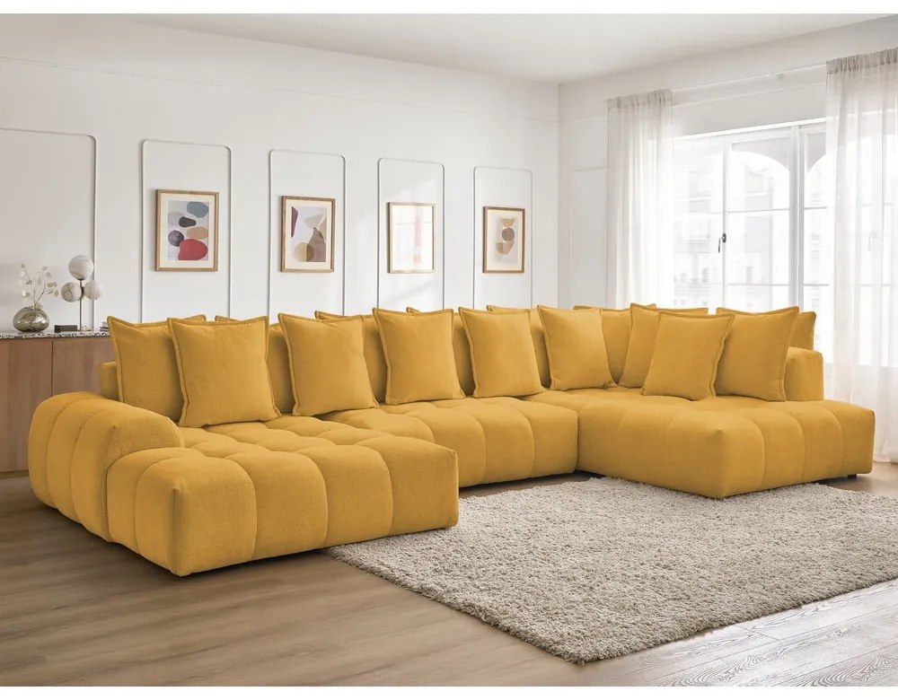 Mustársárga zsenília kinyitható-tárolóhelyes sarokkanapé (jobb oldali-U alakú) Everest – Bobochic Paris