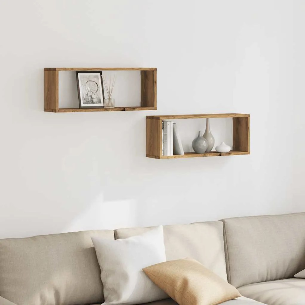 2 db kézműves tölgyszínű szerelt fa fali kockapolc 60x15x23 cm