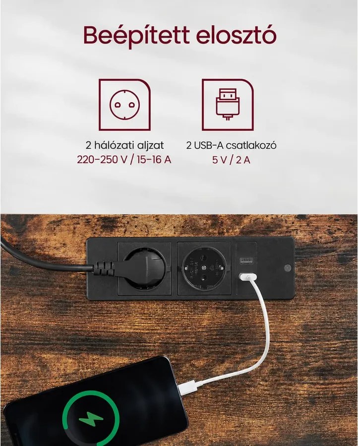 Elektromos magasságállítható íróasztal 140 × 60 cm, konnektorokkal és USB-portokkal, vintage barna-fekete