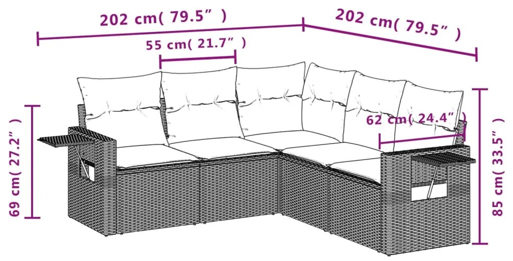 5 részes fekete polyrattan kerti kanapészett párnákkal