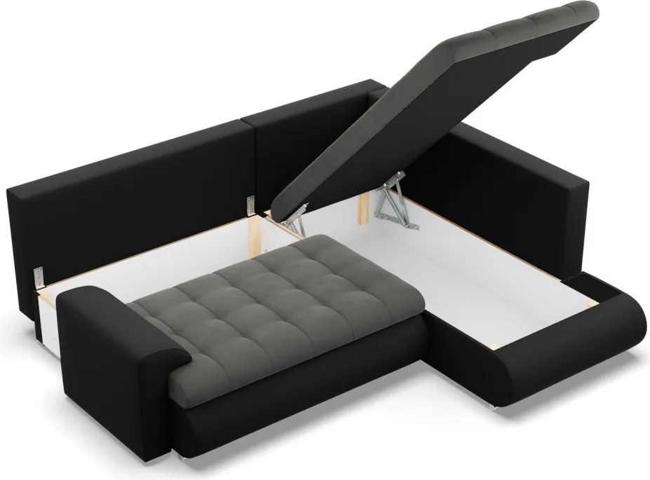 Tokio sarokkanapé, L alakú háttámlával, 2 ágyneműtartóval, bársony + műbőr, jobboldali, szürke - fekete