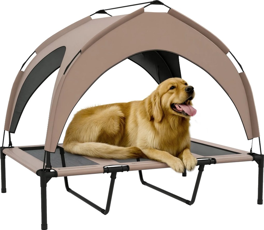 PawHut Magasított Kutyaágy Napellenzővel Nagy Kutyaágy Acél Vázszerkezettel és Hordtáskával, Beltéri és Kültéri Használatra, 106x76x94 cm, Barna | Aos