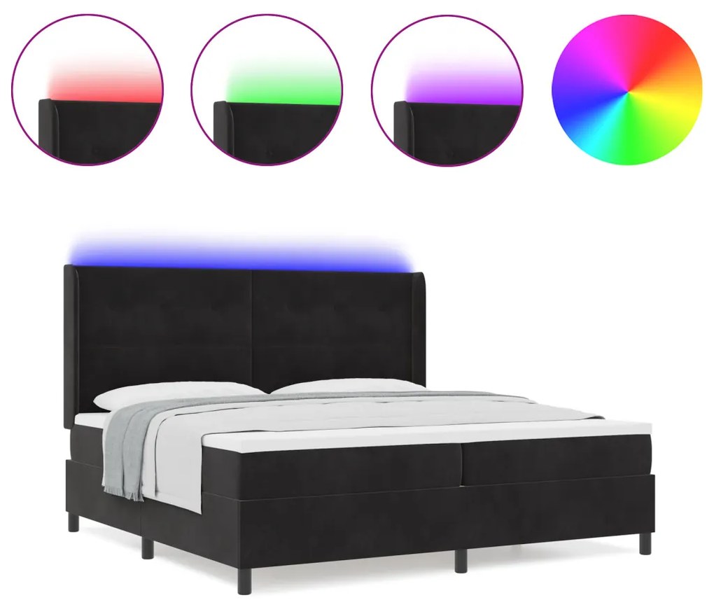 Boxspring Ágy Matrac és LED Fekete 200x200 cm Bársony