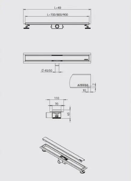 AREZZO design 900 mm-es rozsdamentes acél folyóka Steel ráccsal AR-900