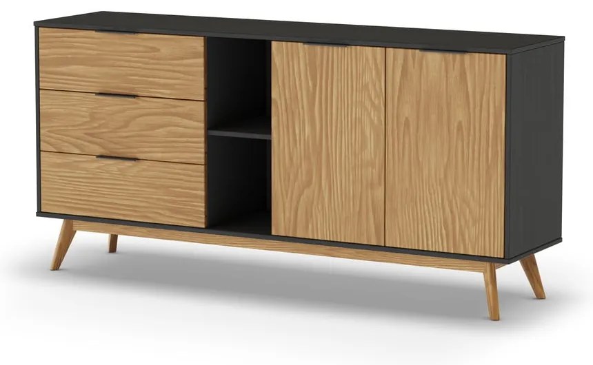 Fekete-natúr színű borovi fenyő alacsony komód 165x80 cm Lavis – Marckeric