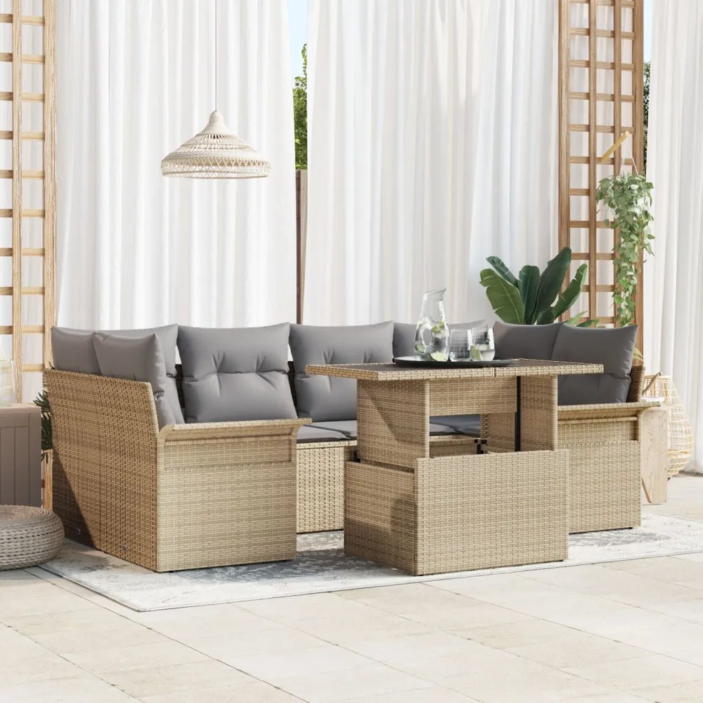 7 Részes Kert Kanapé Szett Párnákkal Bézs Polyrattan