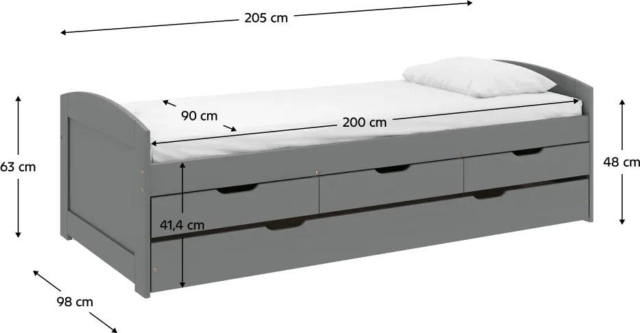 Ágy kihúzható pótággyal, szürke, tömörfa, 90x200, MARINELLA NEW