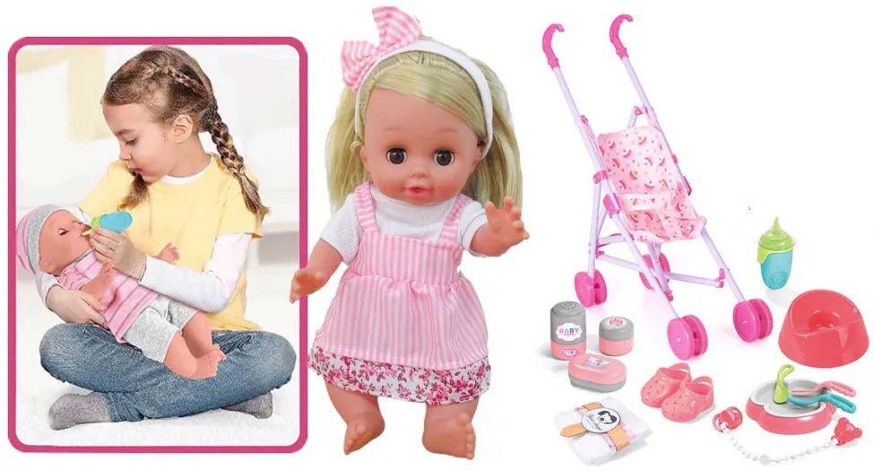 Beszélő játékbaba babakocsival és kiegészítőkkel