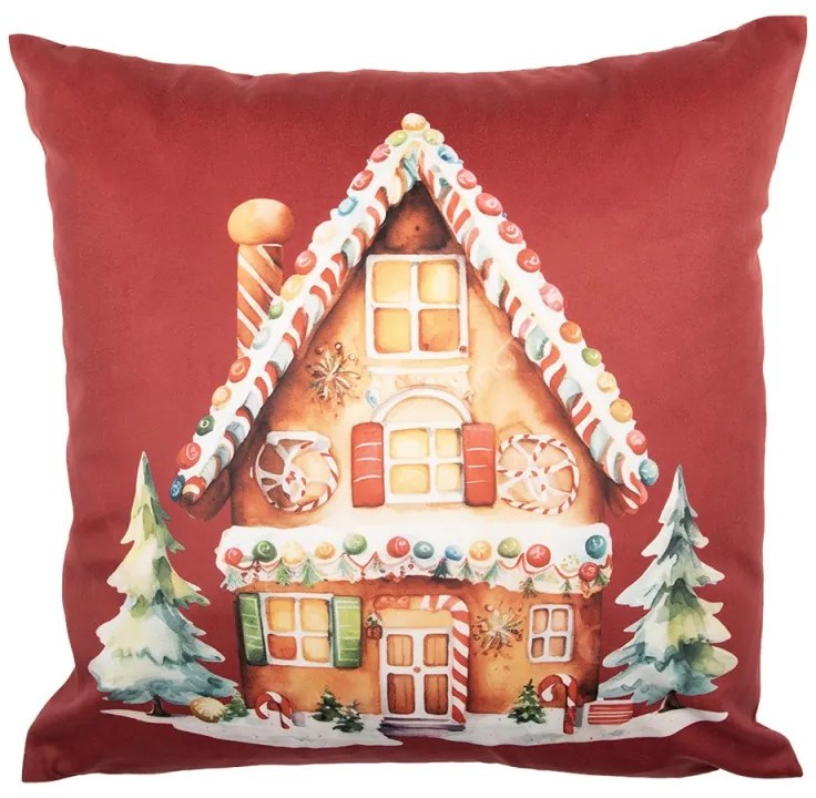 Karácsonyi párnahuzat 45x45 cm piros alapon mézeskalács házikó