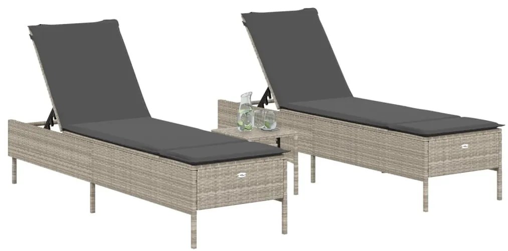 3 részes világosszürke polyrattan napozóágy szett párnával