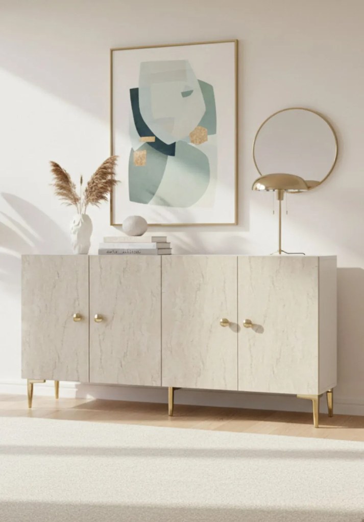 Simple komód, fehér-travertin, 150 cm