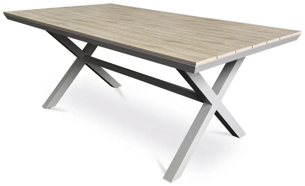 Kerti asztal 180x100x75, polywood asztallap világos tölgy dekorral, alumínium szerkezettel, bézs színben