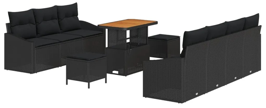 10 Részes Kerti Kanapészett Párnákkal Fekete Poli Rattan Akácia, 2-Fős Kerti Kanapé Párnákkal Fekete Poli Rattan, 3 Részes Kerti Étkező Szett Párnákkal Fekete Poli Rattan Akácia