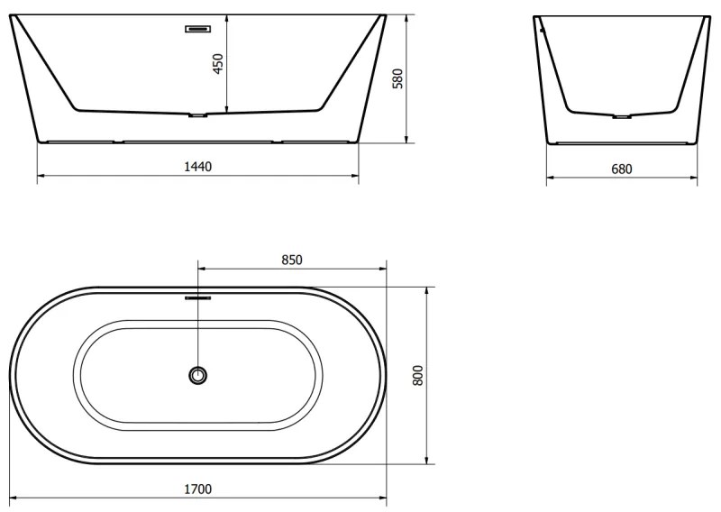 Mexen Luna, szabadon álló kád 170 x 80 cm, fehér-fekete, arany fényes túlfolyó, 52031708075-50