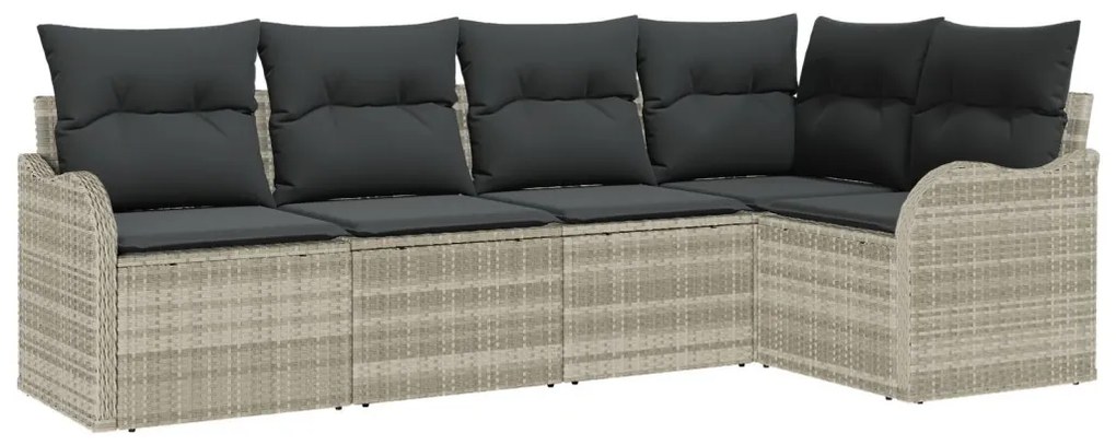 5 darabos Kerti Kanapészett párnákkal Világosszürke Poli Rattan, 2 férőhelyes Kerti Kanapé tárolóval és párnákkal Világosszürke Poli Rattan