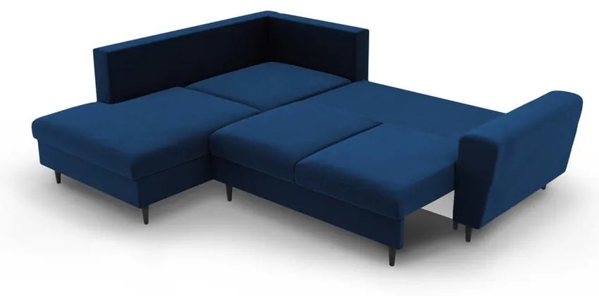 Kék bársony kinyitható tárolóhelyes sarokkanapé (bal oldali-L alakú) Kyoto – Cosmopolitan Design