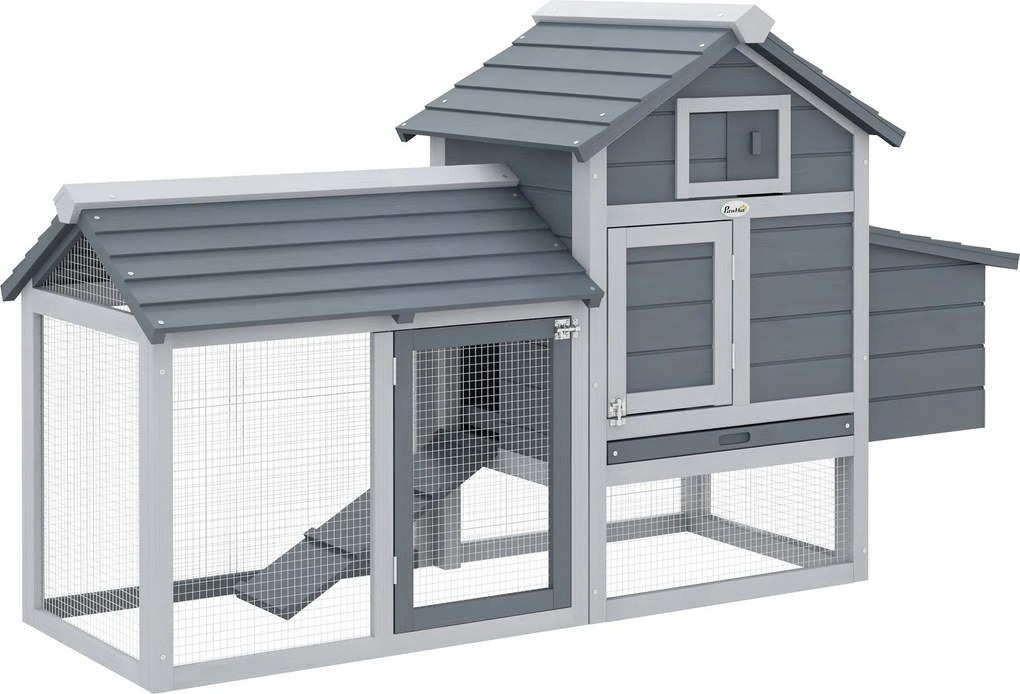 PawHut Törpe Tyúkól Törpe Tyúk Ház Fészekdobozzal Törpe Tyúk Tenyésztő Sátor Kültéri Futtató Tyúkól Lépcsővel Szürke 150,5 x 54 x 87 cm | Aosom