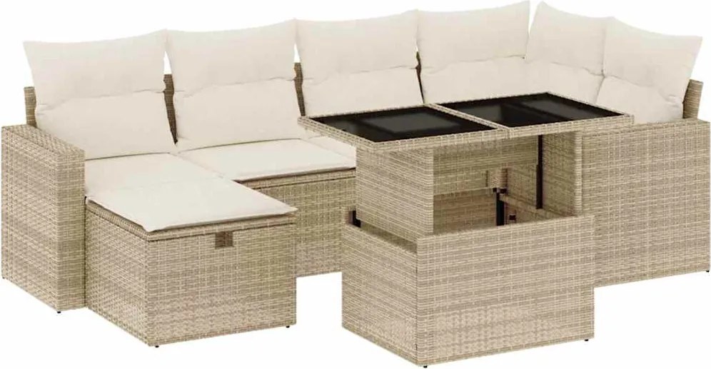 vidaXL 7 részes bézs polyrattan kerti ülőgarnitúra párnákkal
