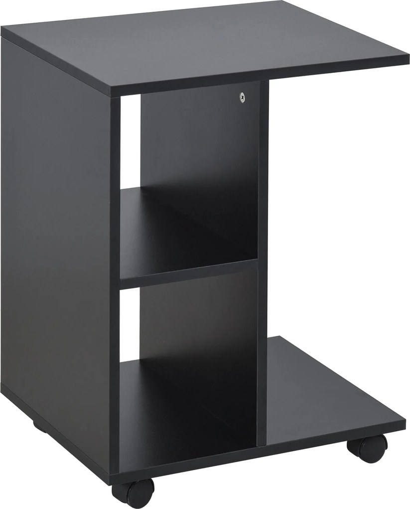 HOMCOM Modern C-alakú Oldalsó Asztal Kerekekkel, Nyitott Polcokkal a Nappaliba és Hálószobába, 45x35x58 cm, Fekete | Aosom