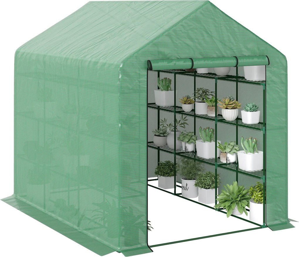 Outsunny 8 Polcos Fűszerkert, Kertészkedő Üvegház Zöld Acél PE Műanyag 244 x 180 x 210 cm | Aosom