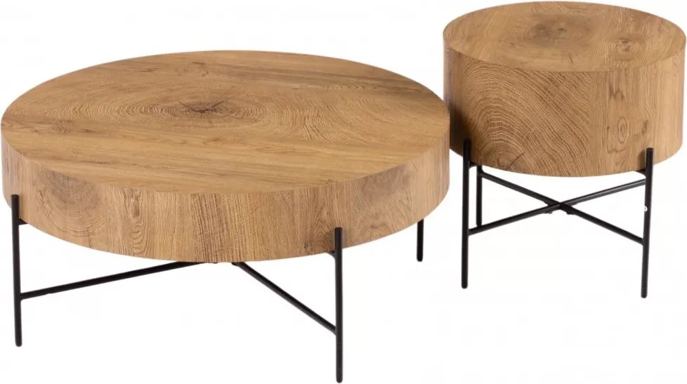 Liviano kerek dohányzóasztal szett 80 és 45 cm - natúr tölgy / fekete