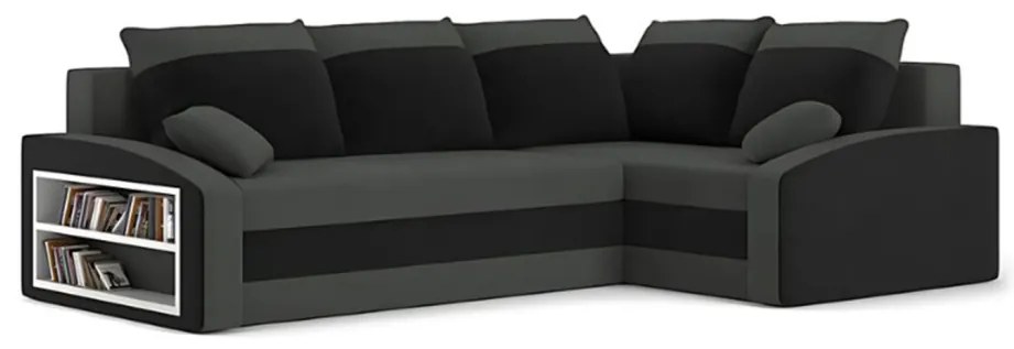 Grande sarokkanapé polcokkal , polc a bal karfaban, jobboldali, szövet anyag, hab töltet, szürke - fekete