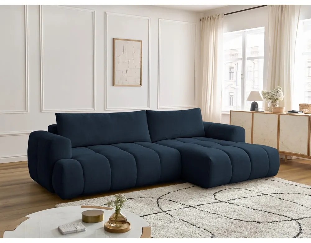 Sötétkék kinyitható-tárolóhelyes sarokkanapé (jobb oldali-heverő résszel) Fuji – Bobochic Paris