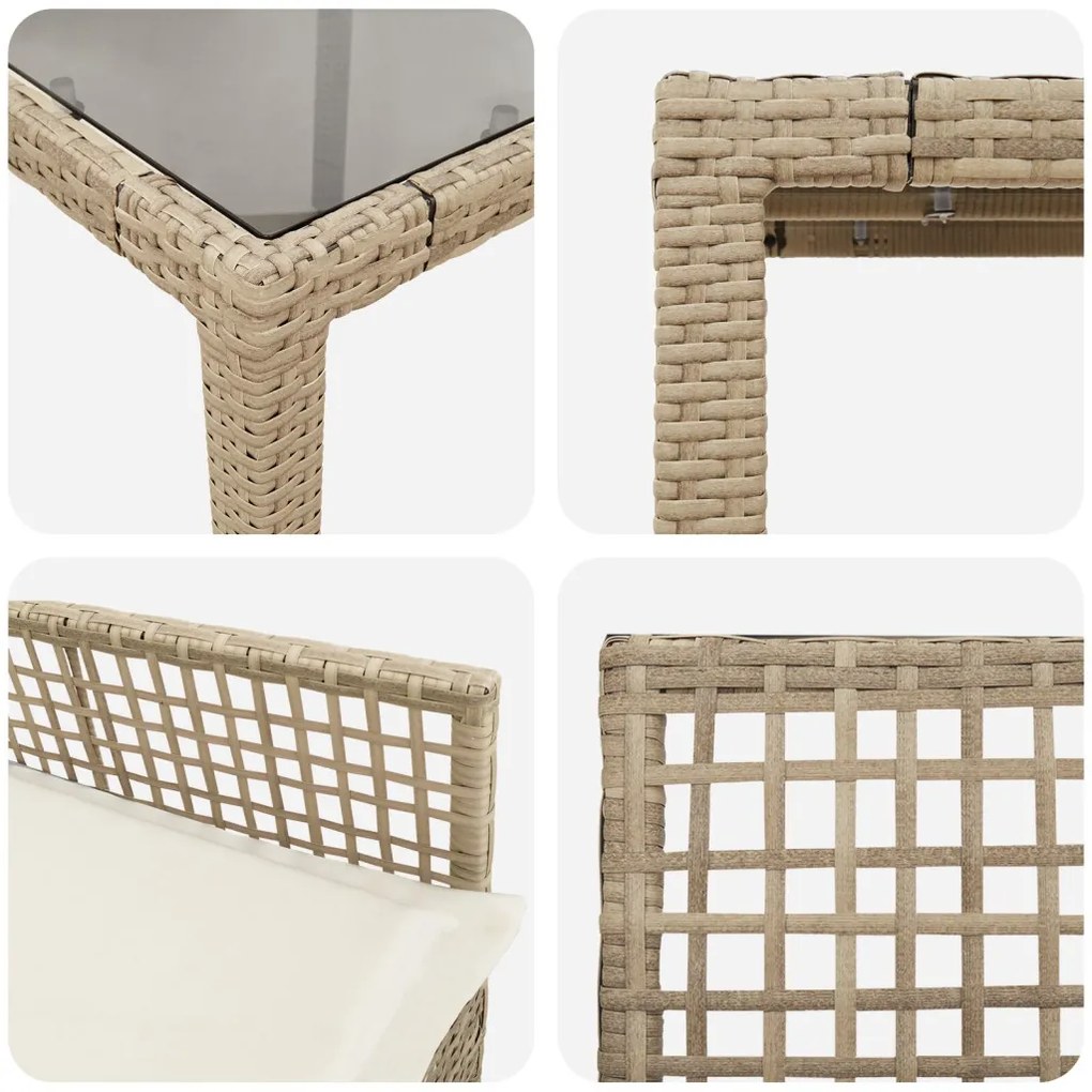 3 darabos szett Bézs PE Rattan, Edzett Üveg, Porszórt Acél