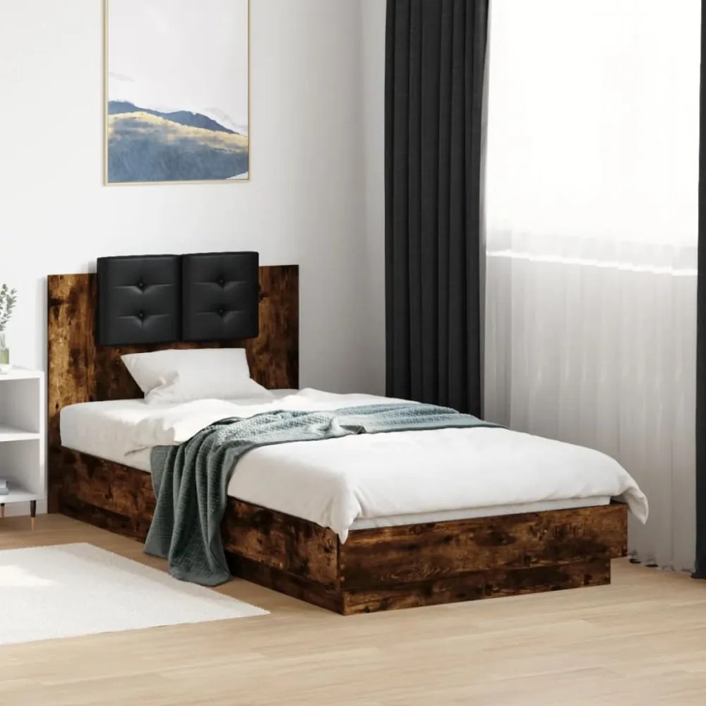 füstös tölgy színű szövet ágykeret fejtámlával 75x190 cm