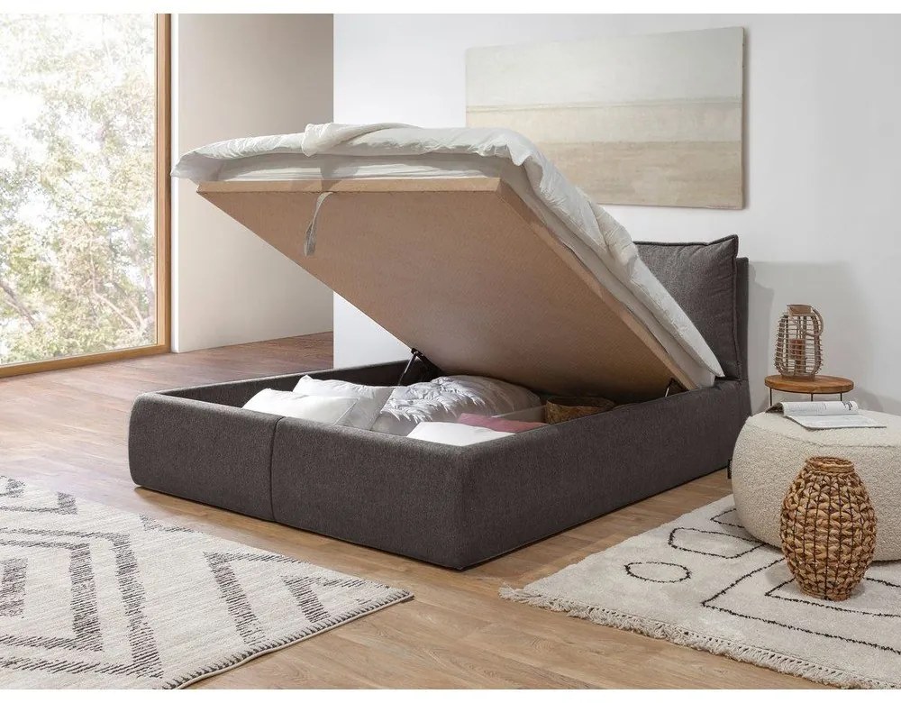 Sötétszürke kárpitozott ágyneműtartós franciaágy ágyráccsal 180x200 cm Garance – Bobochic Paris