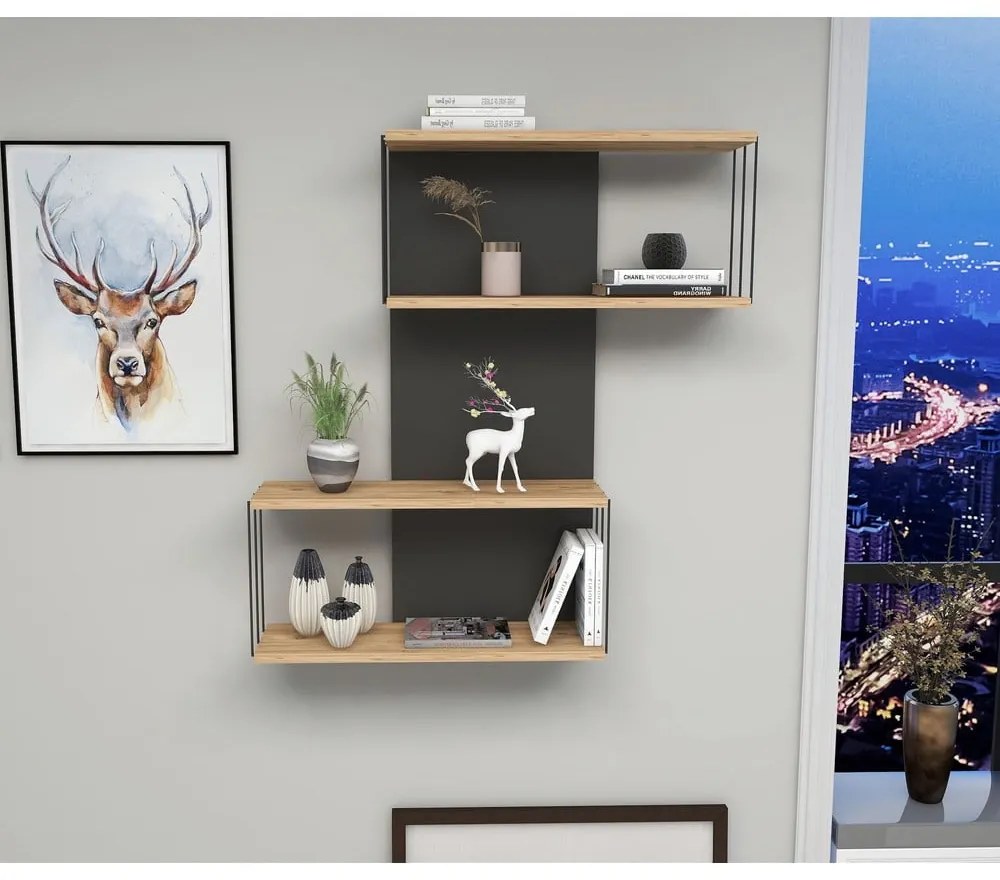 Antracitszürke-natúr színű többszintes fali polc borovi fenyő dekorral 65 cm Destan – Kalune Design