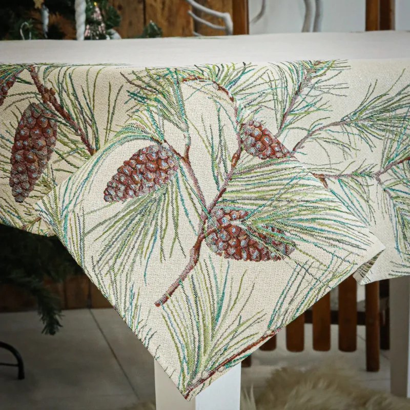 Fenyőág tobozzal ezüst lurexes, gépi gobelin asztalterítő, 137 x 240 cm