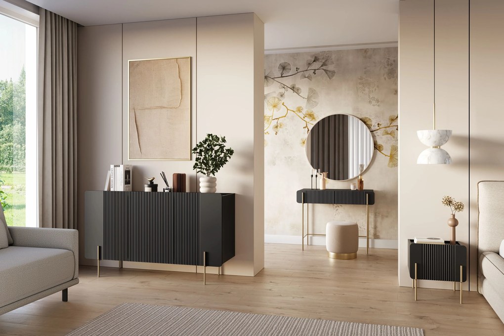 Malmi komód 150 cm háromajtós - matt fekete / arany lábak