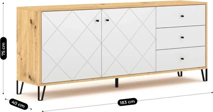 Komód 183 cm Artisan tölgy / fehér színkombinációban - BACARDI