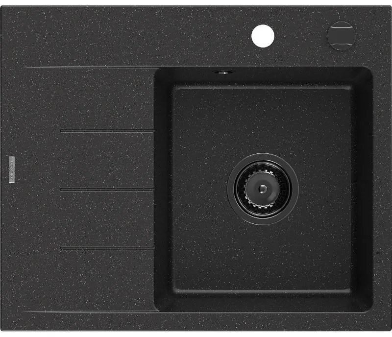 Mexen Ben gránit mosogató 1-medencés csepegtetővel, jobb 600x500 mm, fekete/ezüst metál fekete szifonnal - 6523605000-73-B
