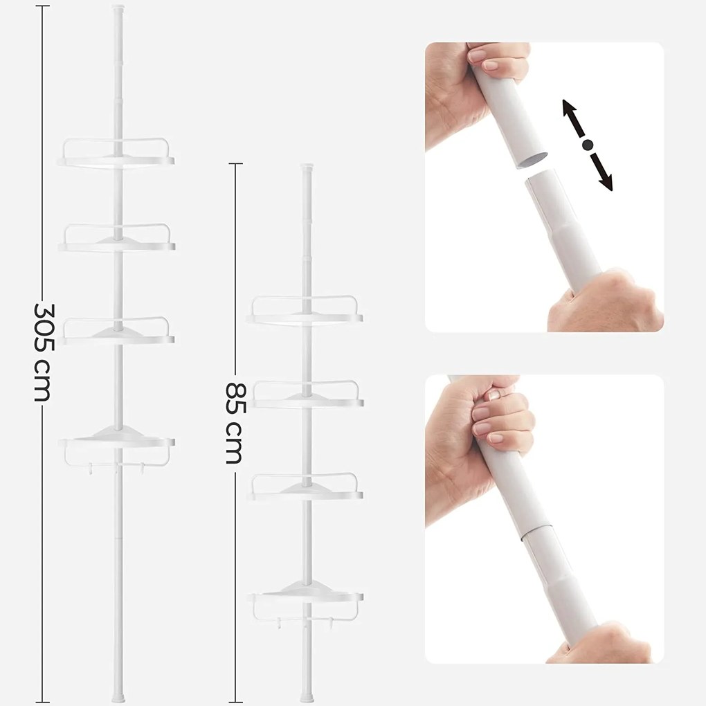 Állítható teleszkópos fürdőszobai sarokpolc, 85-305 cm