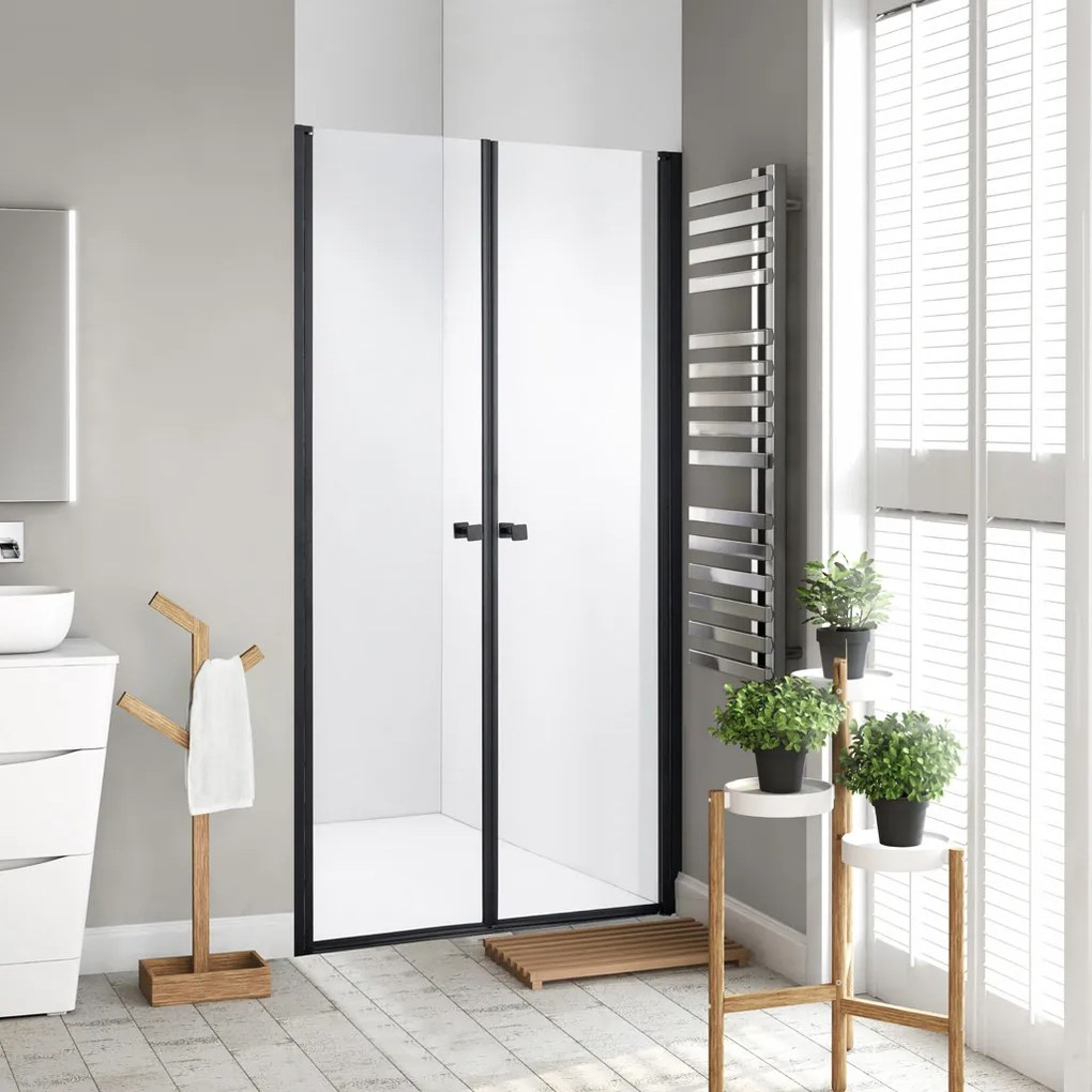 Stuxi Roma Black 100 cm széles kétszárnyú nyíló zuhanyajtó, 6 mm vízlepergető üveggel, matt fekete profillal, 195 cm magas