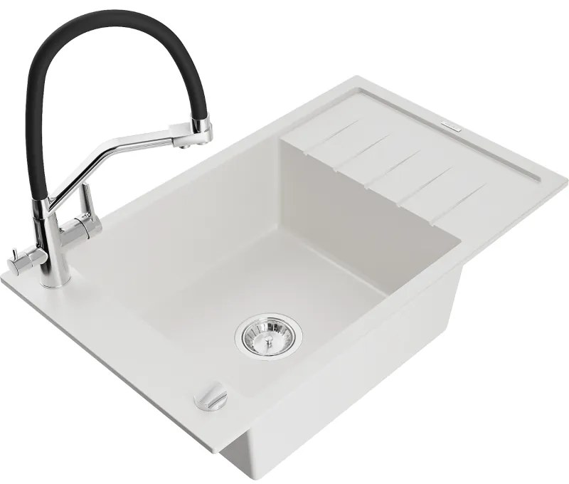Mexen Elias gránit mosogató 1-medencés csepegtetővel és Duo konyhai csapteleppel, fehér - 6511-20-671701-07