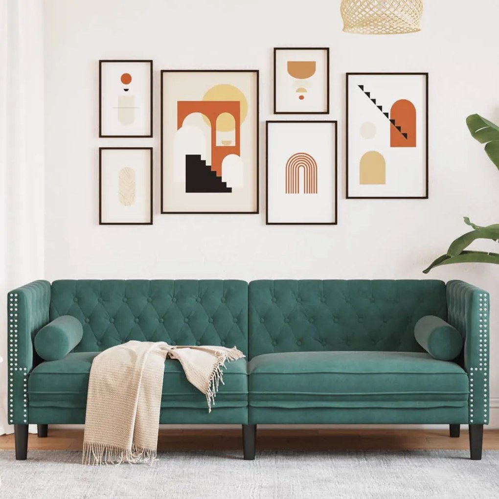 3 személyes sötétzöld bársony Chesterfield kanapé párnákkal