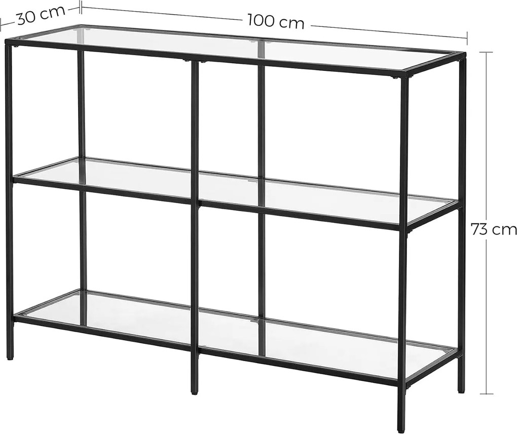 Moden konzolasztal, üvegpolccal, fekete