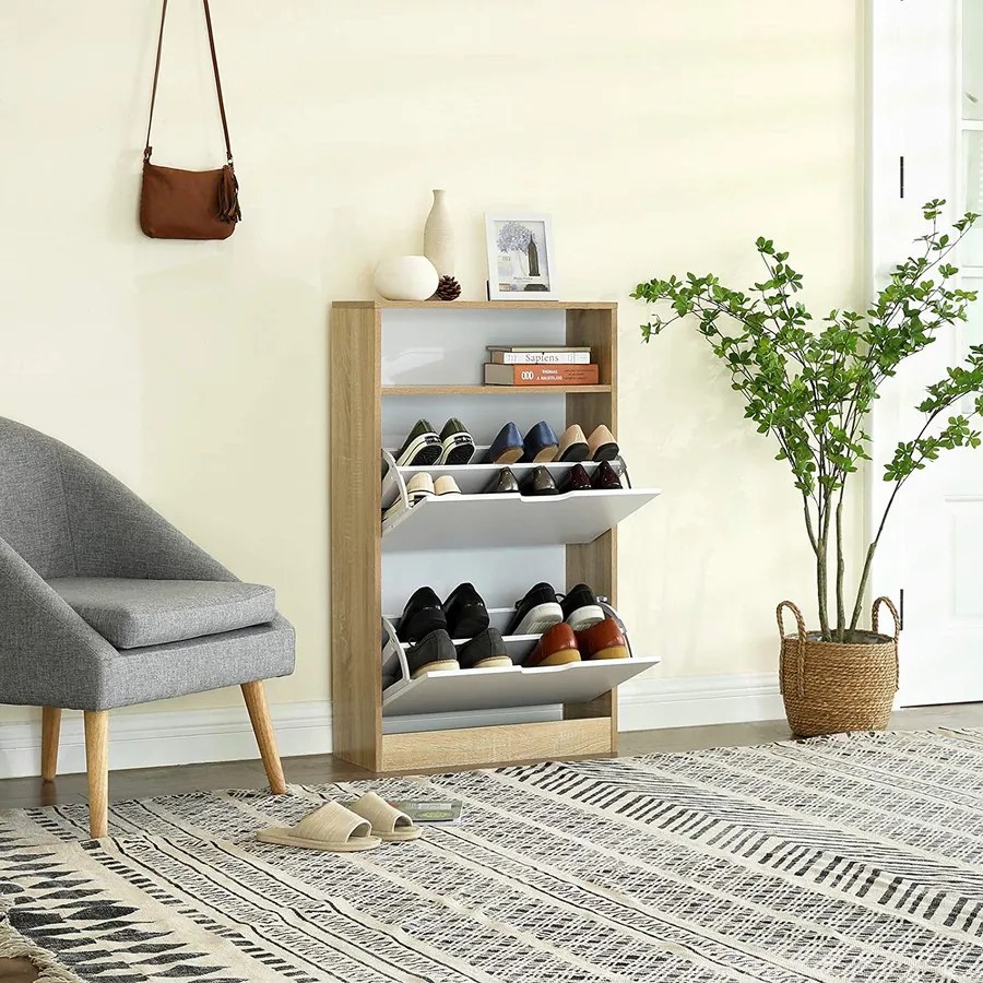 cipős szekrény, három polcos cipőtartó 2 ajtóval fehér-natúr