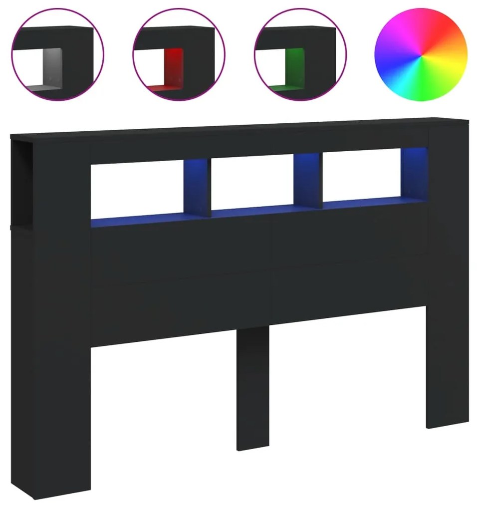 fekete szerelt fa LED-es fejtámla 160x18,5x103,5 cm