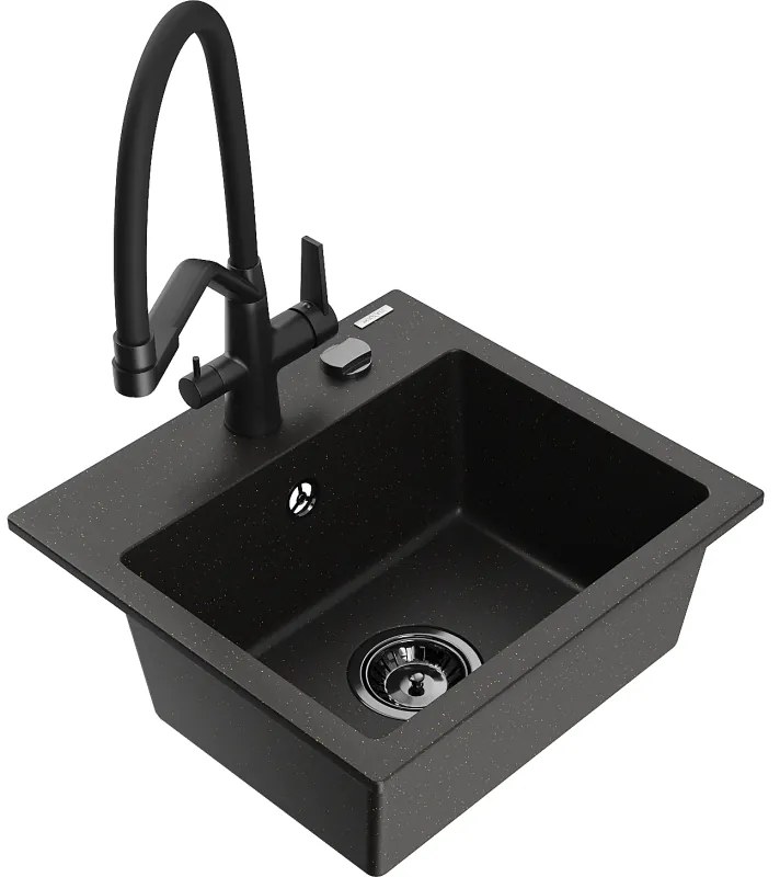 Mexen Milo 1-medencés gránit mosogató dupla konyhai csapteleppel, fekete/arany metál - 6505-75-671701-70-B