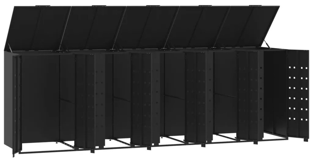 fekete acél kerekes tároló 5 szemeteskukához 345 x 79 x 117 cm