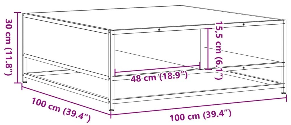 füstös tölgy szerelt fa és fém dohányzóasztal 100 x 100 x 30 cm