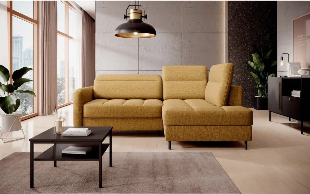 Sárga bársony kinyitható-tárolóhelyes sarokkanapé (jobb oldali-L alakú) Barea – ELTAP