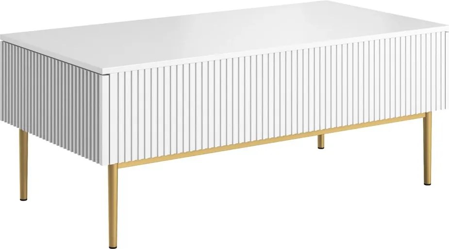 Nicole dohányzóasztal 120 cm fiókokkal és fém lábakkal - matt fehér / arany lábakkal